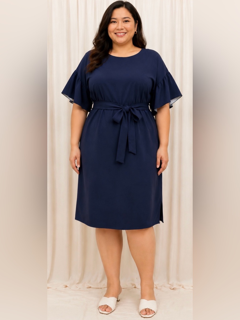 NEW Korean Fashion Soft Belted Flutter Sleve Navy Midi Dress Relaxed Fit  2XL